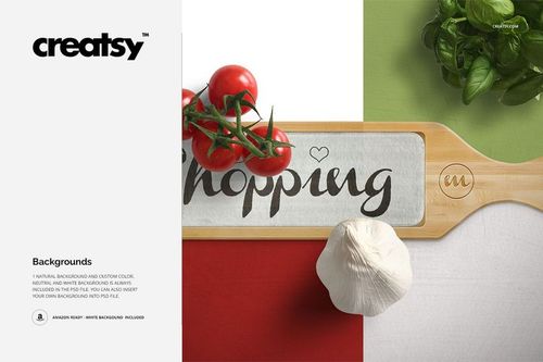 Chopping board mockup featuring a glass section, fresh tomatoes, garlic bulb, and basil leaves, seen from above.