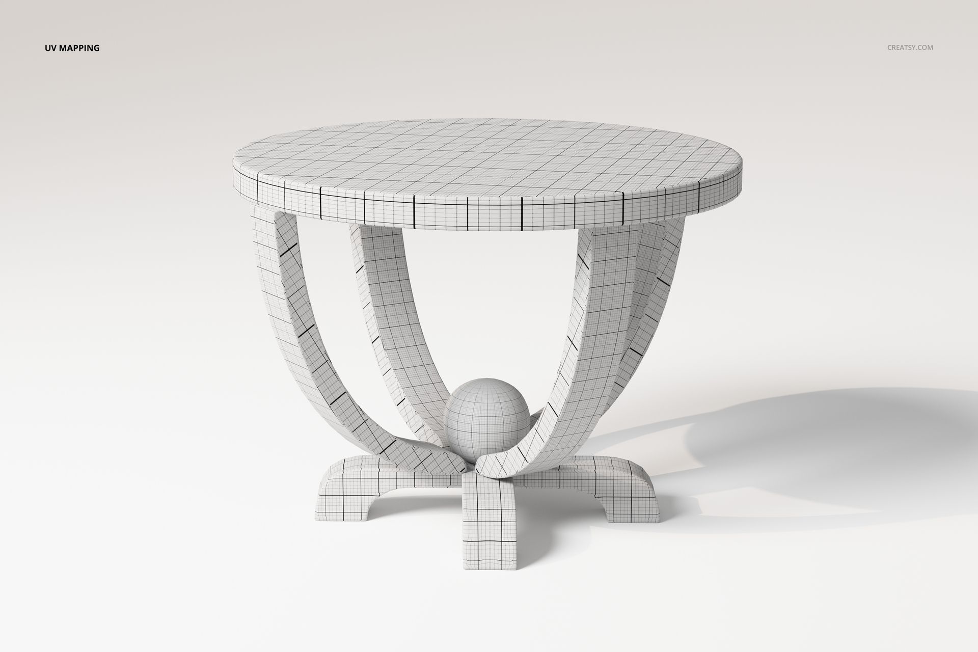 Round coffee table with art deco design, shown in a 3D wireframe style with grid pattern on a plain background.