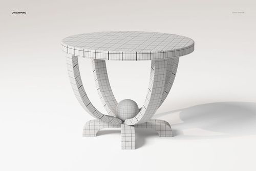 Round coffee table with art deco design, shown in a 3D wireframe style with grid pattern on a plain background.
