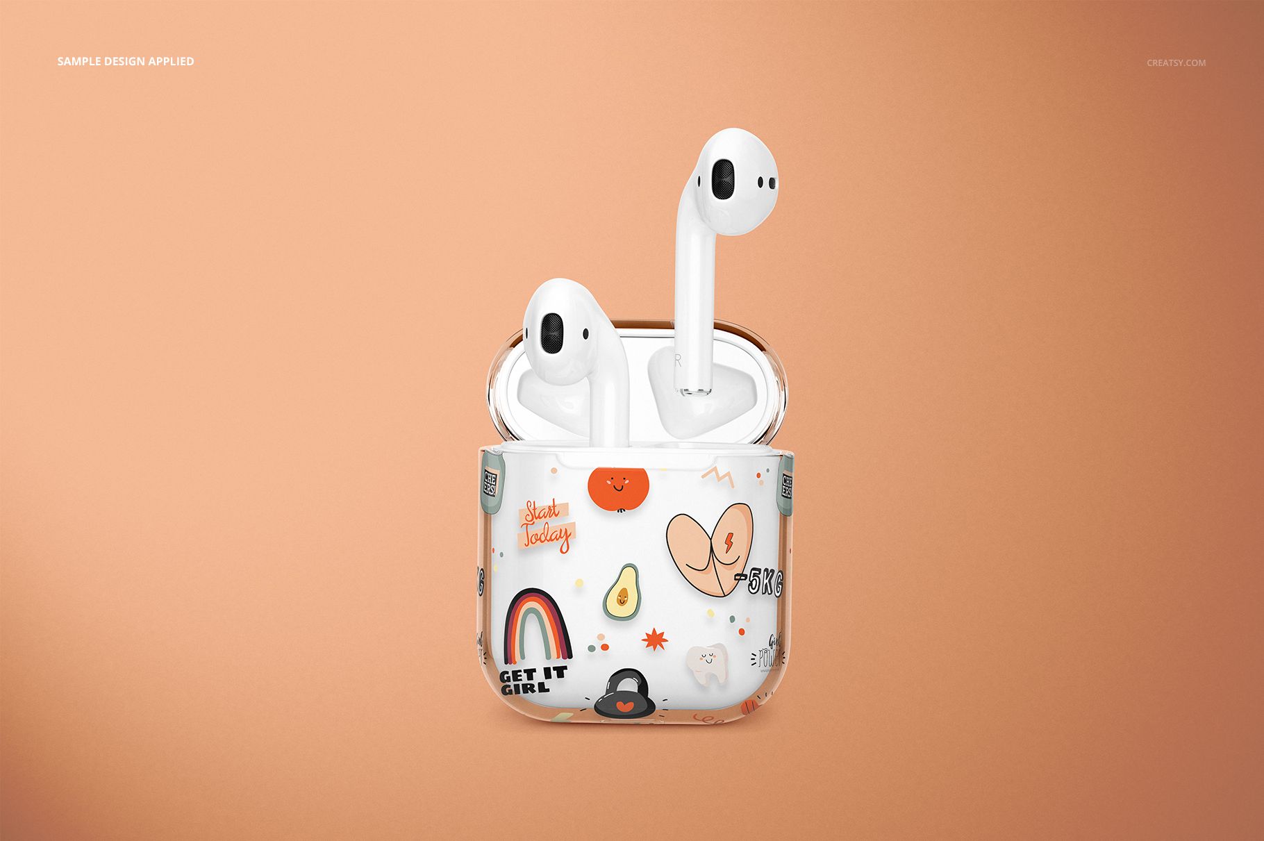 Clear AirPods case mockup with playful doodle designs, front view against a warm beige background, earphones inside.