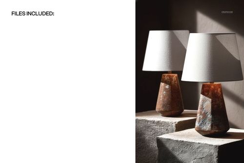 Stone base table lamps mockup with white lamp shades, displayed on stacked stone blocks in a minimalist interior.