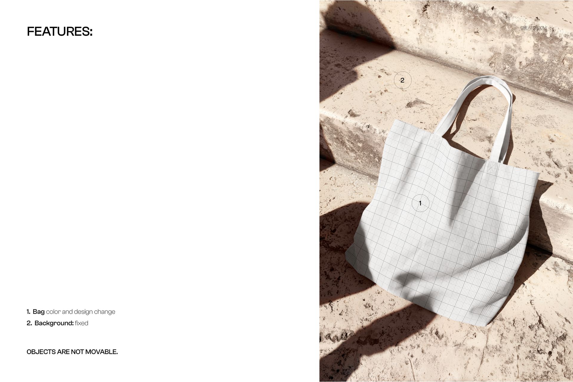 Canvas tote bag with grid pattern lying on sunlit stone steps, shown from a top front angle in a mockup scene.