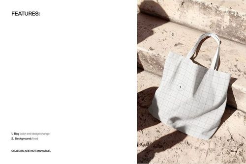 Canvas tote bag with grid pattern lying on sunlit stone steps, shown from a top front angle in a mockup scene.