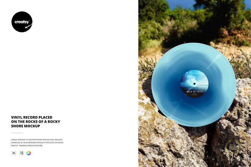Vinyl Record Placed on the Rocks of a Rocky Shore Mockup - mockup screenshot 1