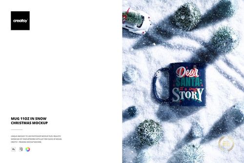 PSD mockup featuring an 11oz mug on white snow, accented by tiny green trees and a small white vehicle for a holiday theme.