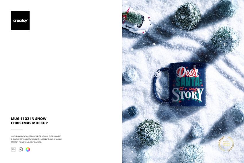 PSD mockup featuring an 11oz mug on white snow, accented by tiny green trees and a small white vehicle for a holiday theme.