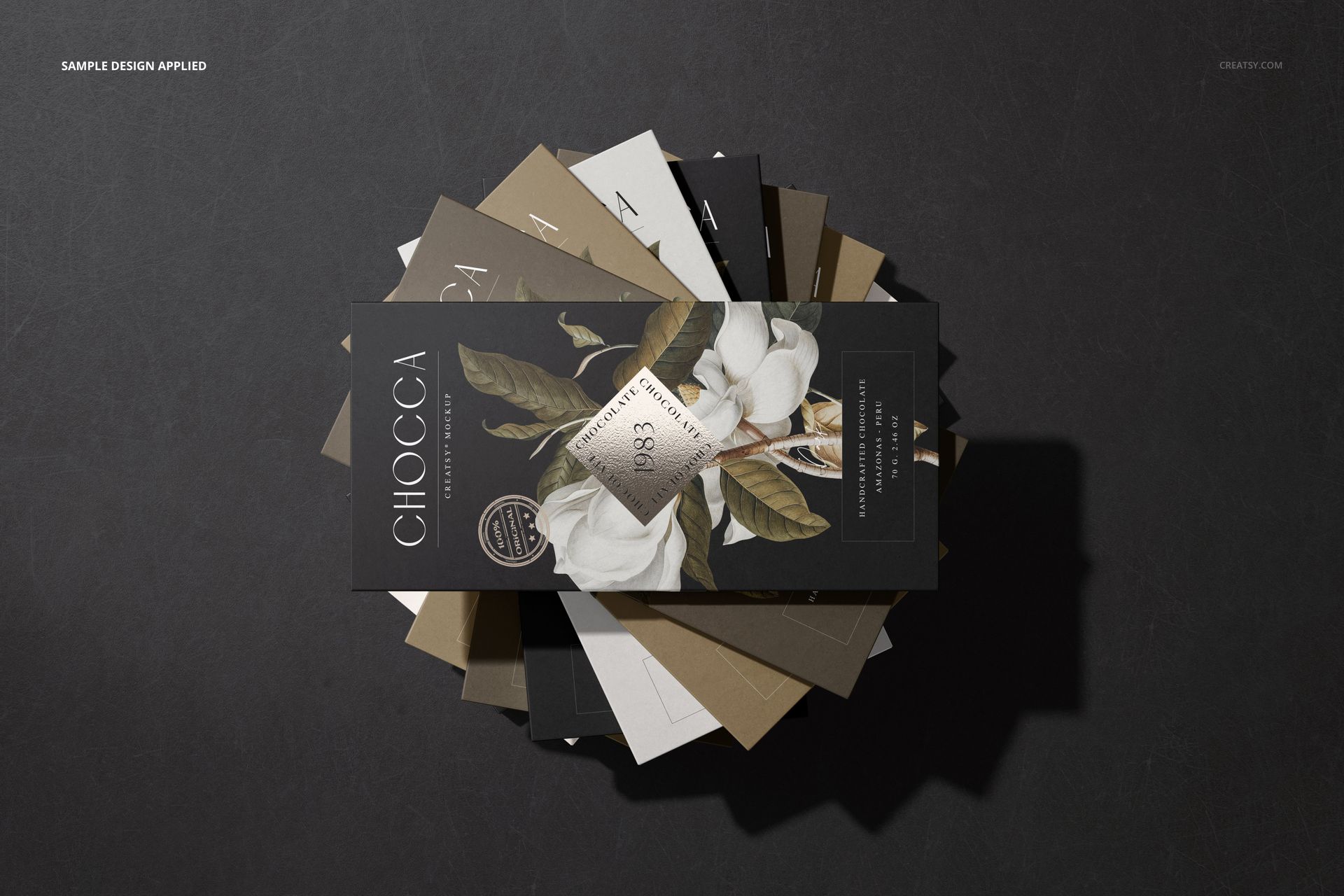 Assorted chocolate bar packaging mockups arranged in a fan shape, featuring botanical and minimalist patterns.