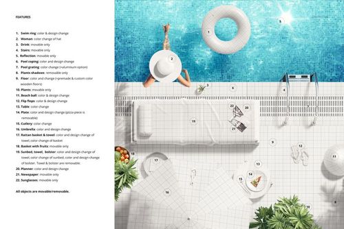Overhead perspective of a poolside mockup showing towels, a woman relaxing, white pool float, and tropical plants.