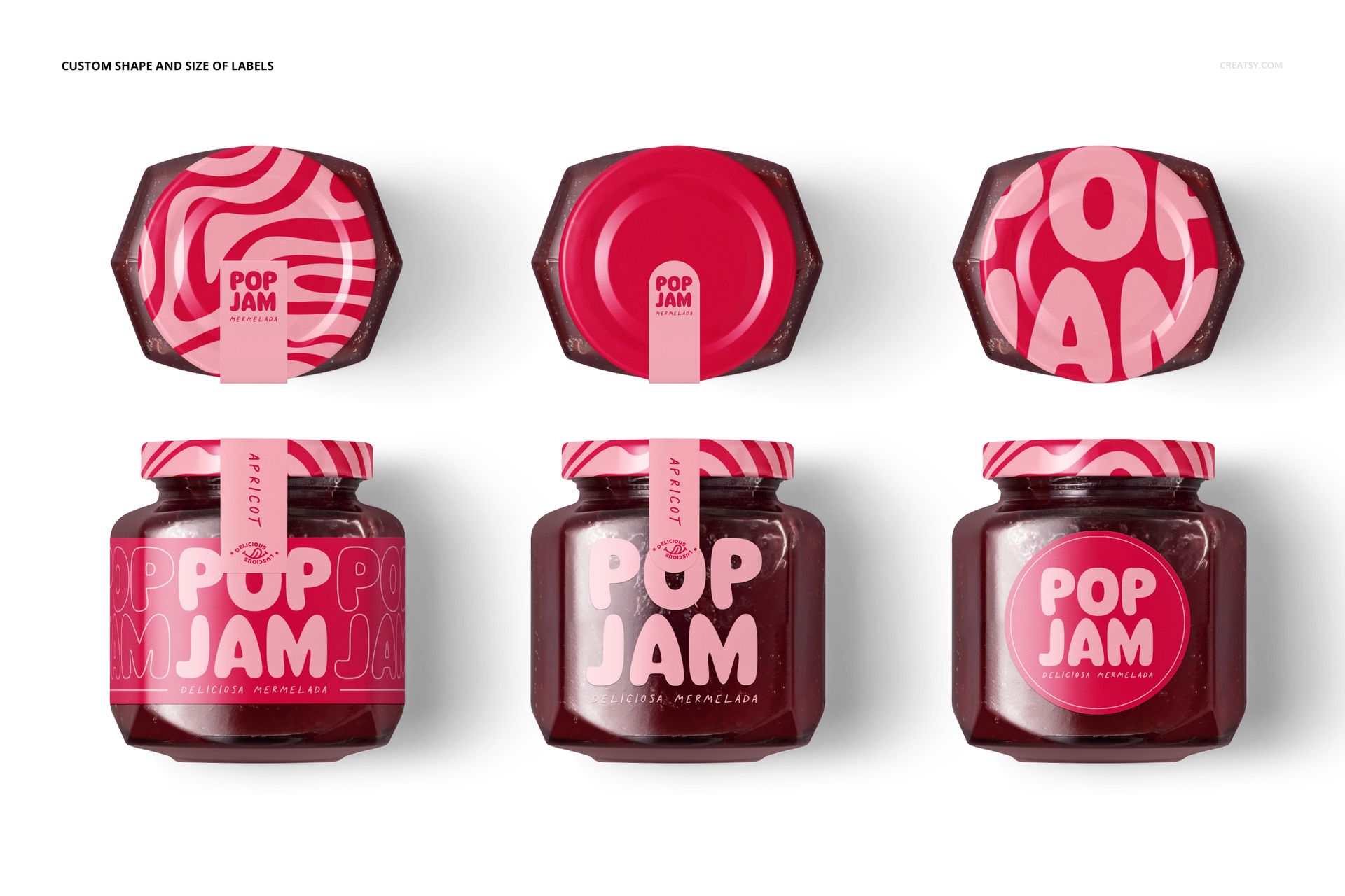 Set of cherry jam jar PSD mockups showing various label designs in pink and red, displayed from front and top angles.