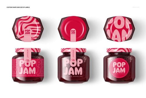 Set of cherry jam jar PSD mockups showing various label designs in pink and red, displayed from front and top angles.