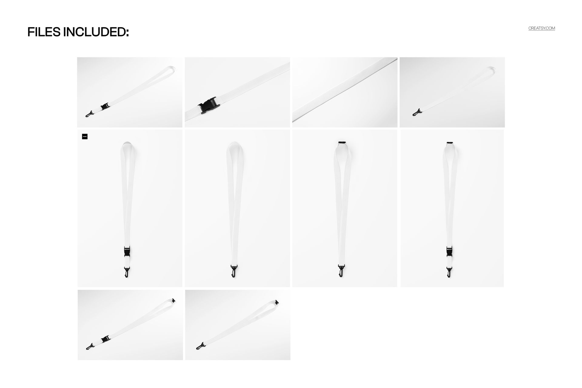 Polyester lanyards mockup set featuring nine lanyard designs with safety buckles and clips, top and side views.