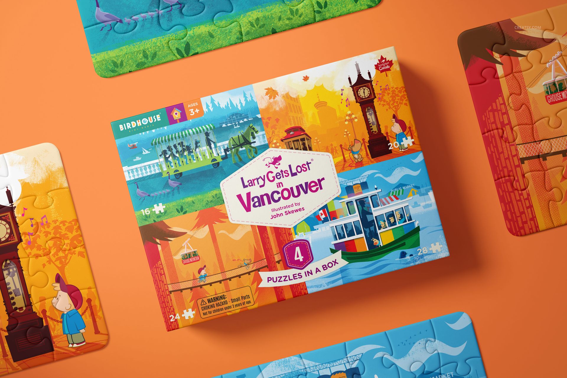 Puzzle game box mockup with playful artwork and scattered puzzle pieces, displayed on a bright orange background.