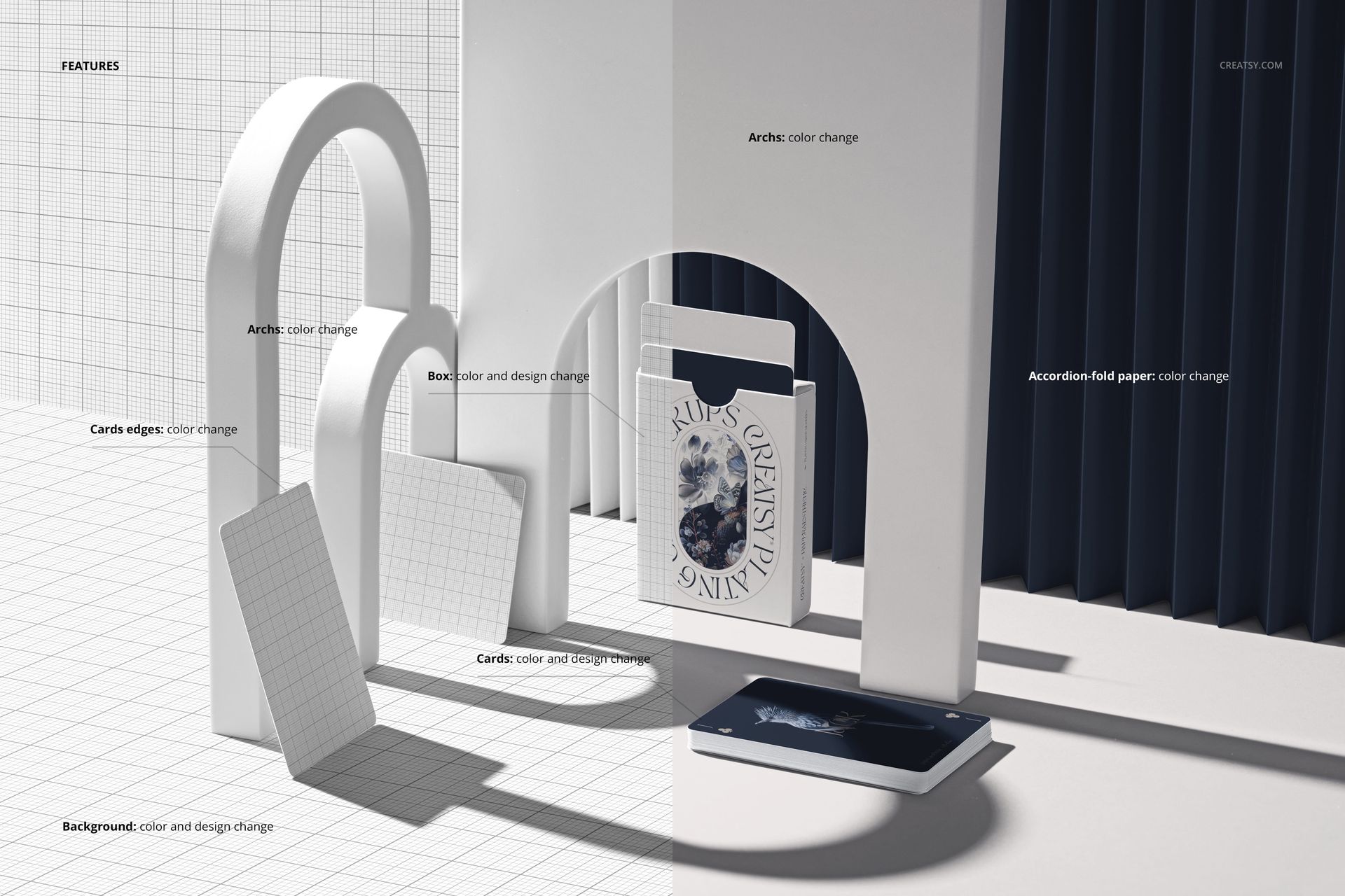 PSD mockup showing card deck, tuck box, and loose cards in a clean, architectural setting with strong shadow lighting.