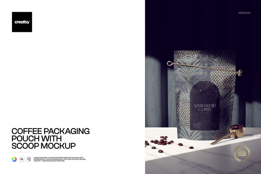Free Coffee Packaging Pouch with Scoop Branding PSD Mockup - mockup screenshot 1