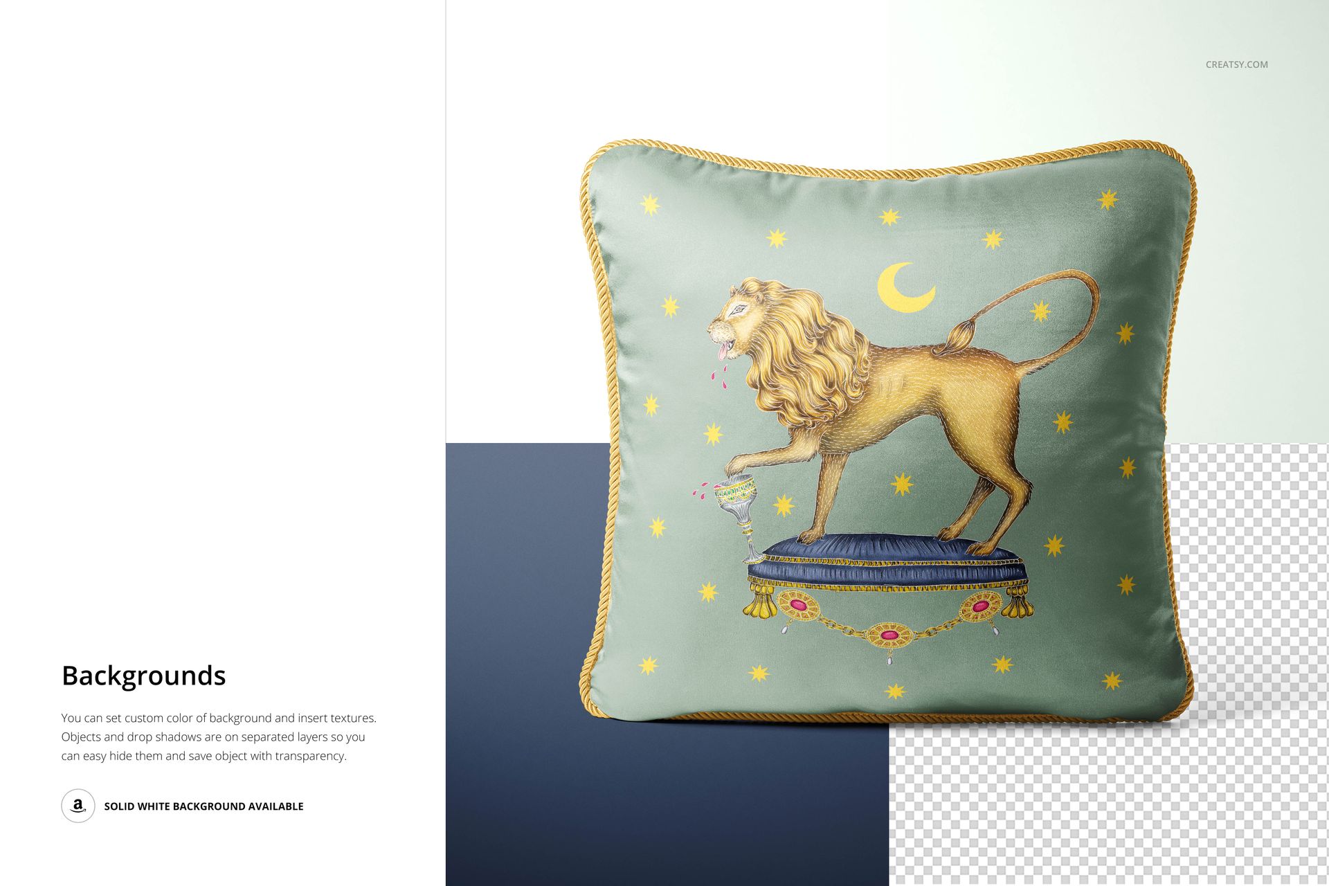 Front view of a silk cushion mockup with braided edges, lion artwork, crescent moon, and stars on a pale green surface.