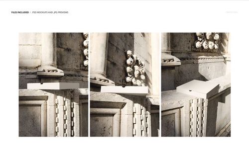 Set of pizza box mockups placed on a textured stone wall with ornate architectural details, viewed from various perspectives.