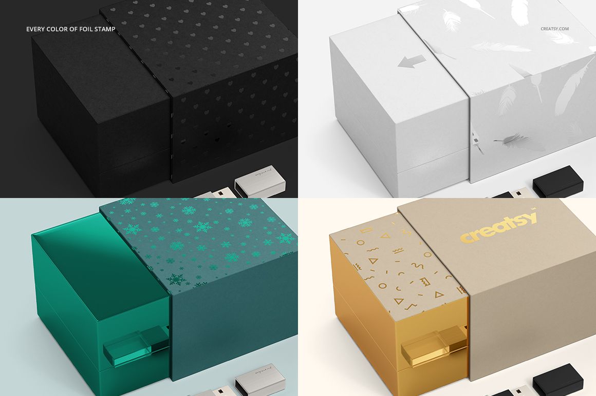Set of four mockup acrylic USB drive slide boxes in black, white, teal, and gold, each featuring unique foil designs.