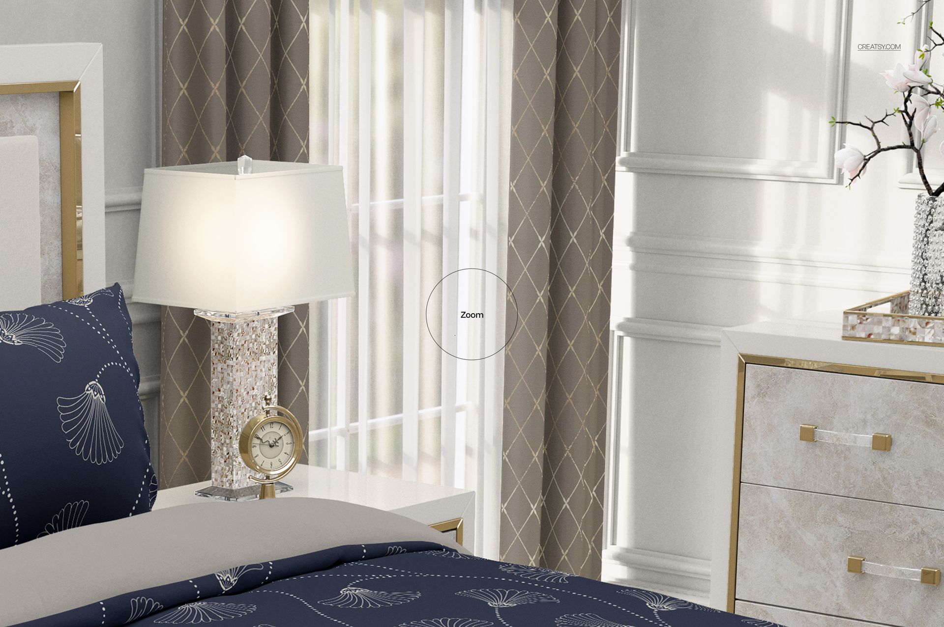 Front view of a luxury bedroom with navy blue patterned bedding, beige curtains, white lamp, and marble nightstand.