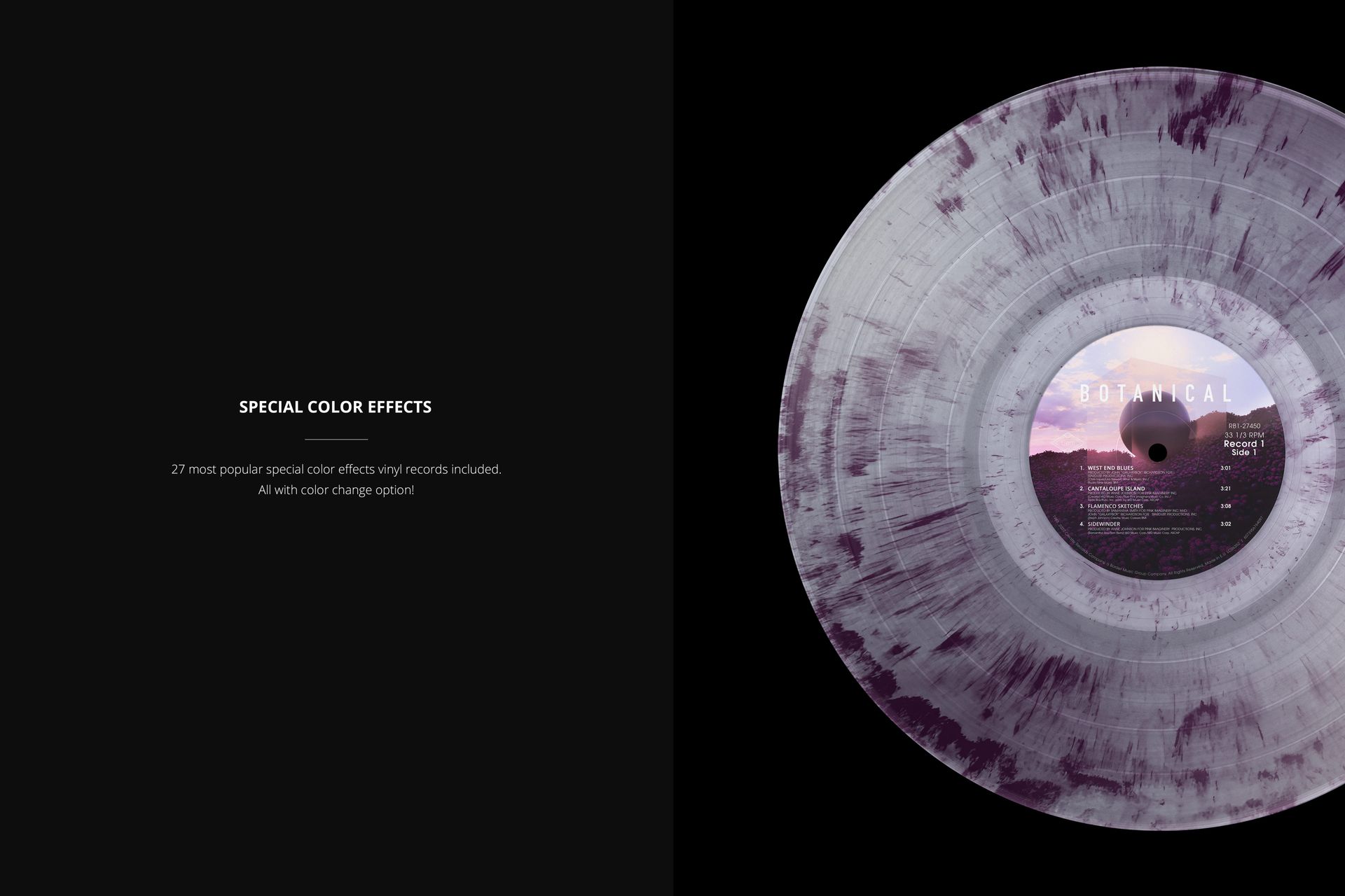 PSD mockup featuring a single translucent vinyl record with purple and gray swirls, viewed from above.