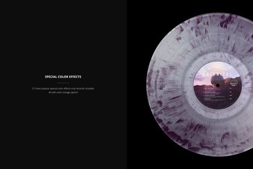 PSD mockup featuring a single translucent vinyl record with purple and gray swirls, viewed from above.