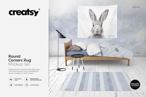 Mockup of a kids room featuring a striped rug with rounded corners, modern bed, and animal print on the wall.