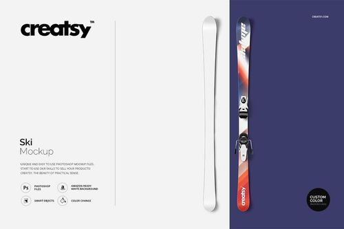 Ski mockup showing a pair of skis, one with a vibrant pattern and one in solid white, displayed side by side.