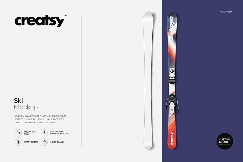 Ski mockup showing a pair of skis, one with a vibrant pattern and one in solid white, displayed side by side.