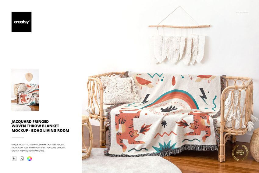 Jacquard Woven Blanket Mockup Set - Boho Living Room - mockup screenshot 1