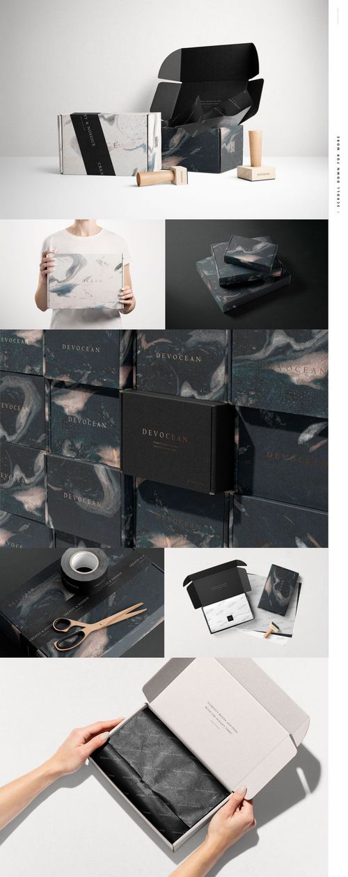 Collection of mailing box mockups featuring dark marble designs, displayed with props and packaging accessories.