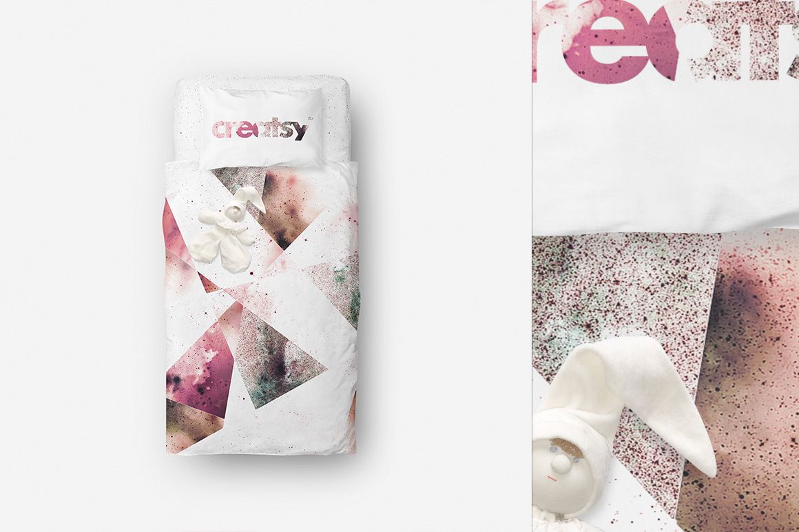 Single bed bedding mockup with abstract pink and brown splatter design, viewed from above, includes plush toy.