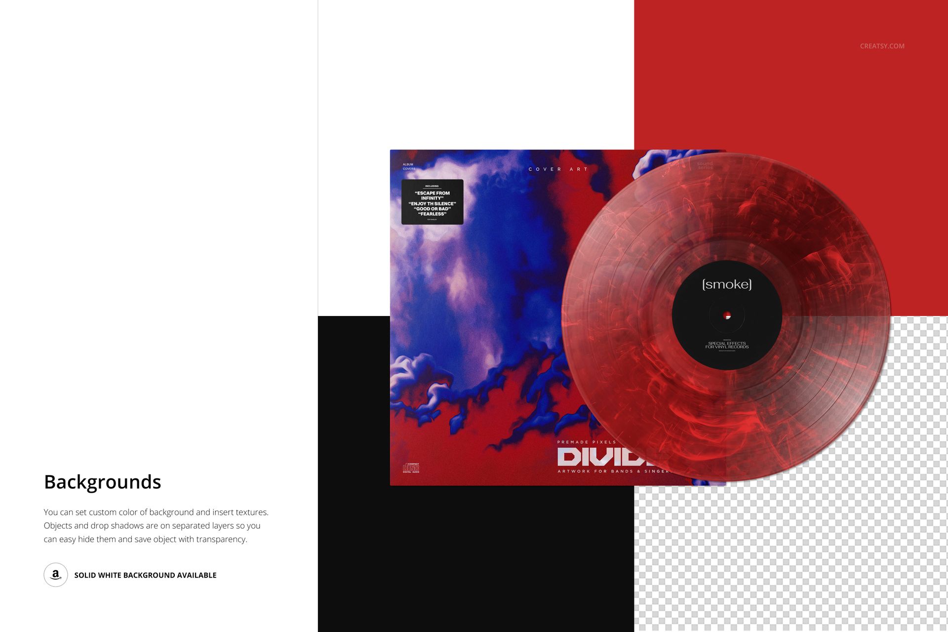 PSD mockup of a translucent red vinyl record on an illustrated cover, presented with multiple background textures.