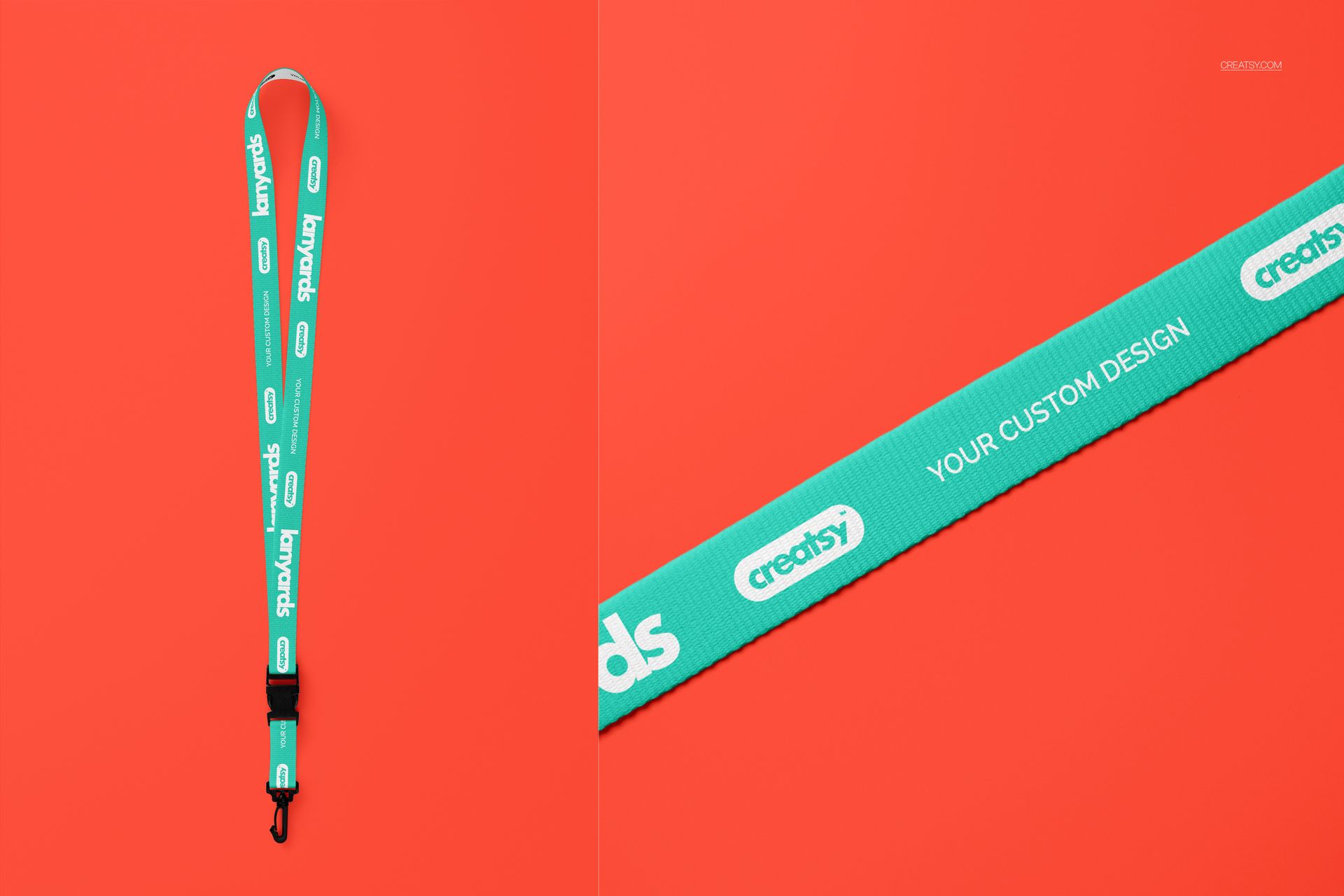 Polyester lanyard mockup set featuring a turquoise lanyard with white text, shown on a bright red background.