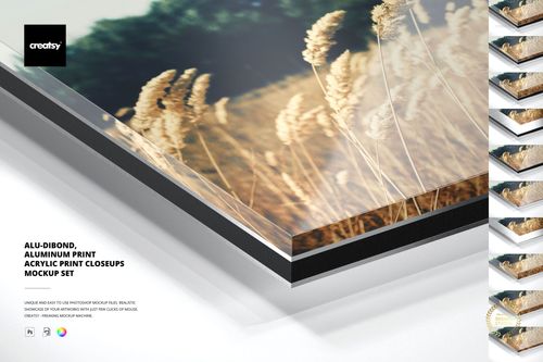 Close-up view of a layered aluminum and acrylic print mockup featuring a nature scene with wheat stalks.