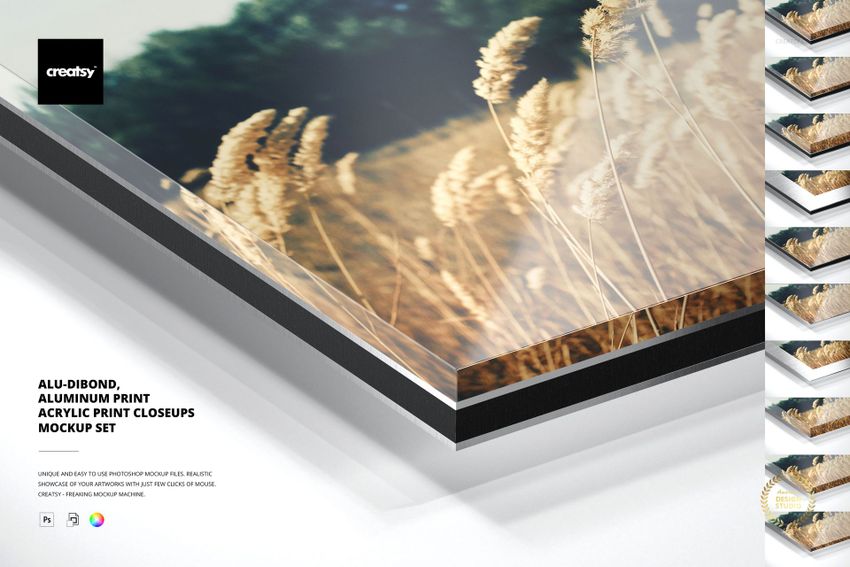 Close-up view of a layered aluminum and acrylic print mockup featuring a nature scene with wheat stalks.