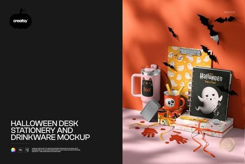 Front view of Halloween desk mockup featuring notebooks, mugs, and stationery with festive designs and decorations.