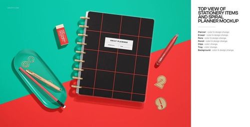 Stationery mockup featuring a planner, pen, pencil, eraser, and number-shaped paper clips viewed from above.