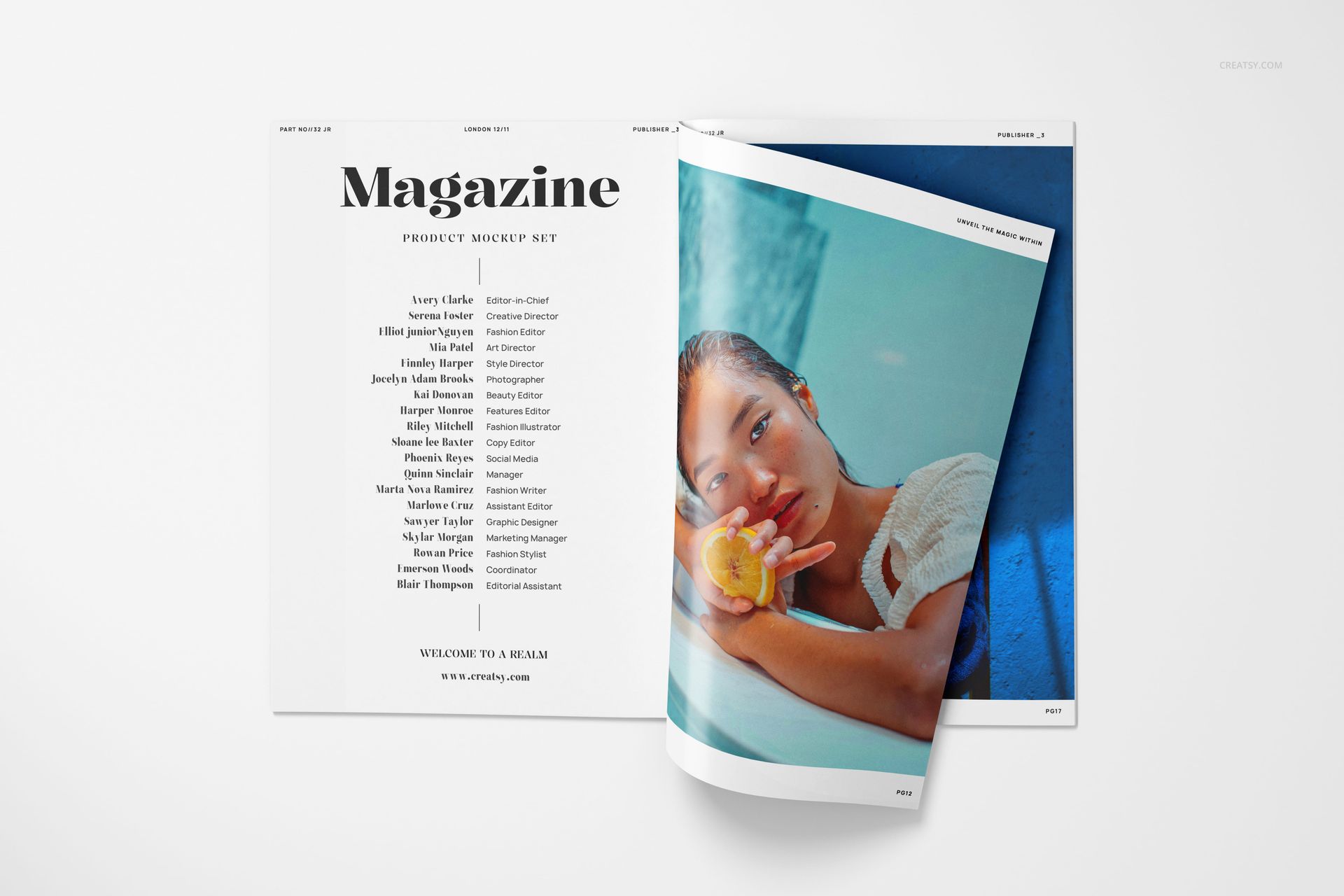 A4 magazine mockup with an open spread showing a list of names on the left page and a colorful image on the right.