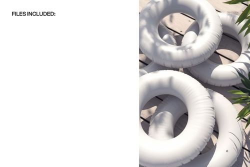 PSD mockup showing a group of white swim rings on a sunny pool deck, featuring realistic light and foliage accents.