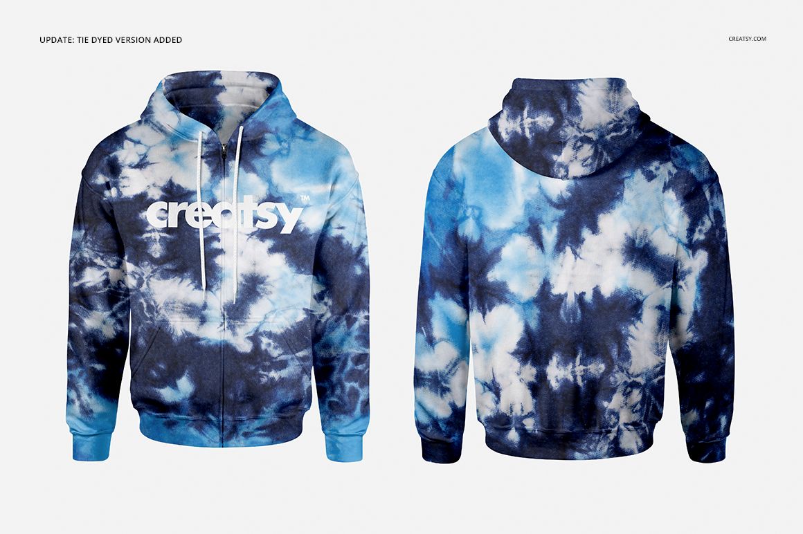 Front and back views of a men's zip up hoodie mockup featuring a blue and white tie-dye design on a neutral backdrop.