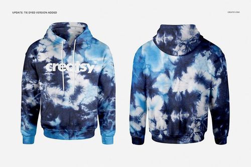 Front and back views of a men's zip up hoodie mockup featuring a blue and white tie-dye design on a neutral backdrop.