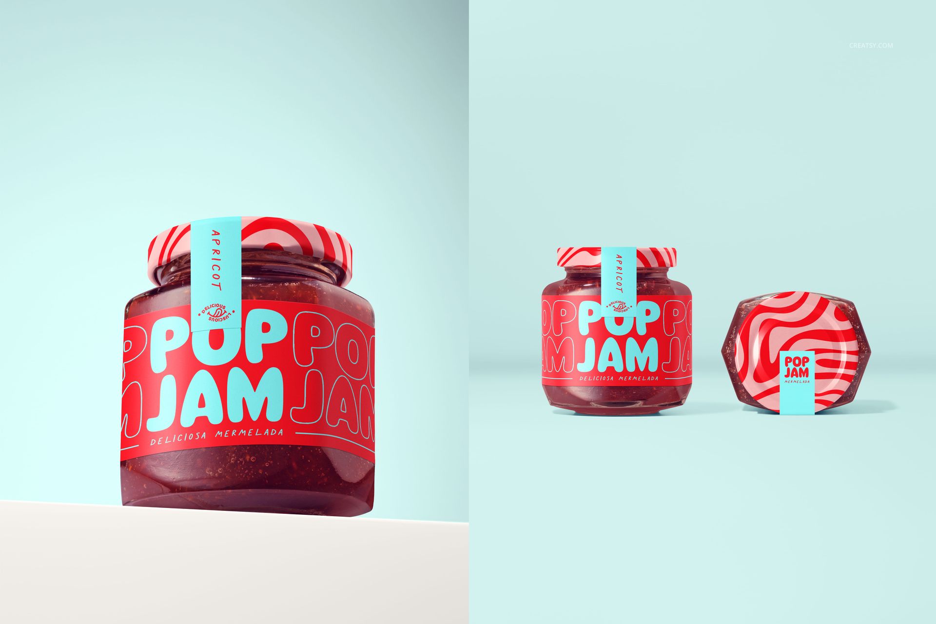Front view of a glass jam jar with red fruit preserve, bold red and blue label, and matching lid on a light background.