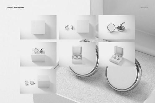 Cufflinks mockup set displayed in various arrangements, including close-ups and open box views on a light background.