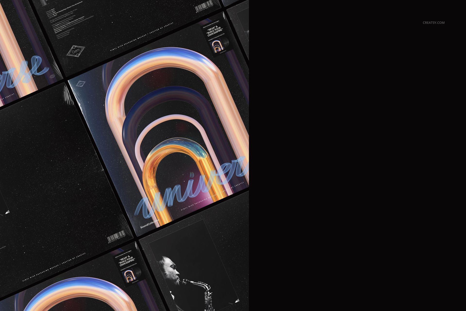 Top view of multiple black vinyl record mockup covers arranged in a grid, featuring colorful abstract designs.