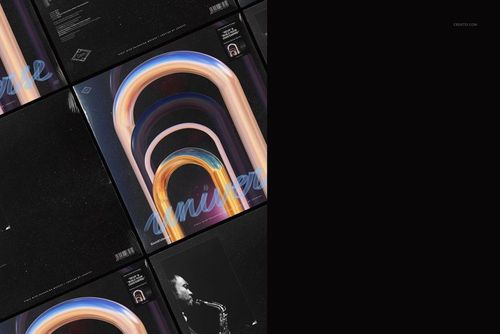 Top view of multiple black vinyl record mockup covers arranged in a grid, featuring colorful abstract designs.