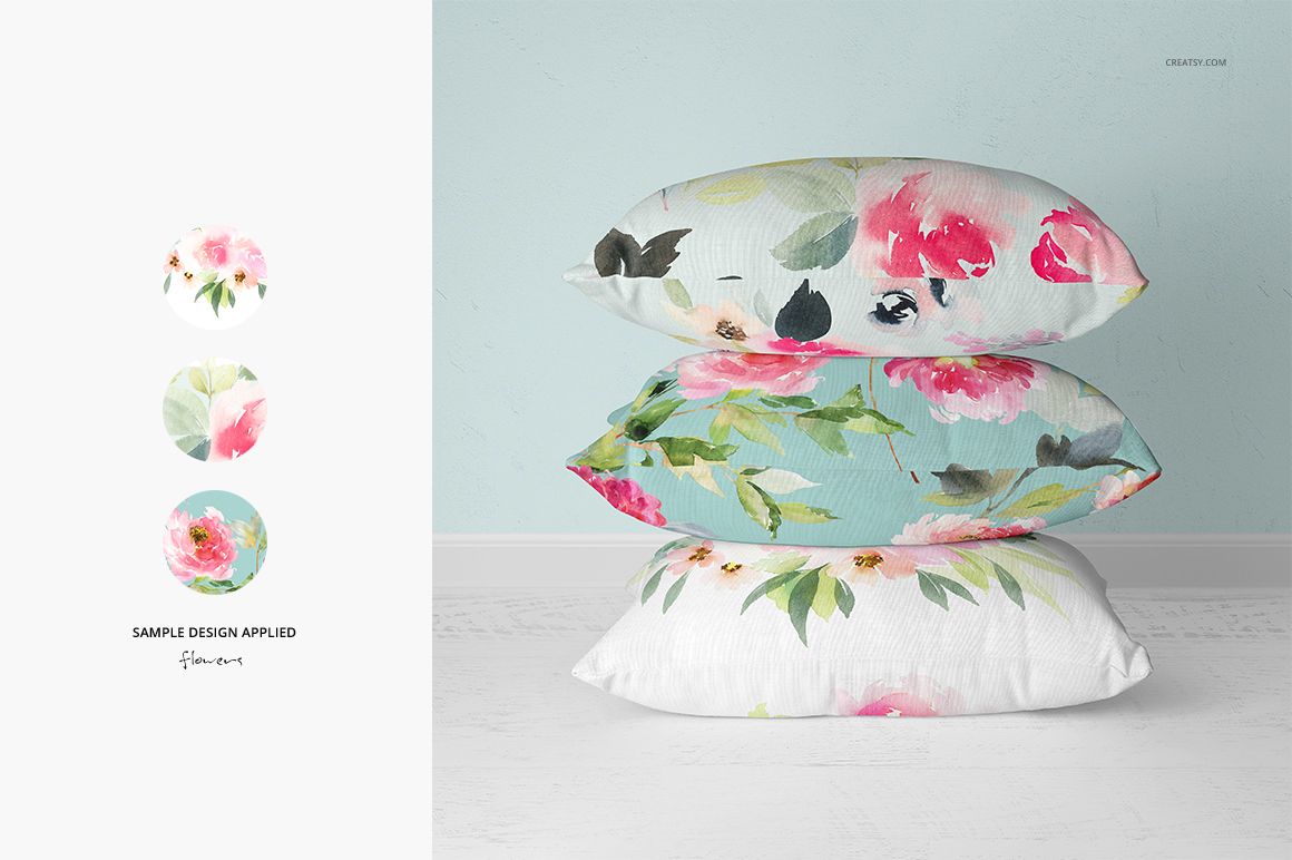 Rectangular pillow PSD mockup set showing stacked pillows with colorful flower patterns and a soft pastel background.