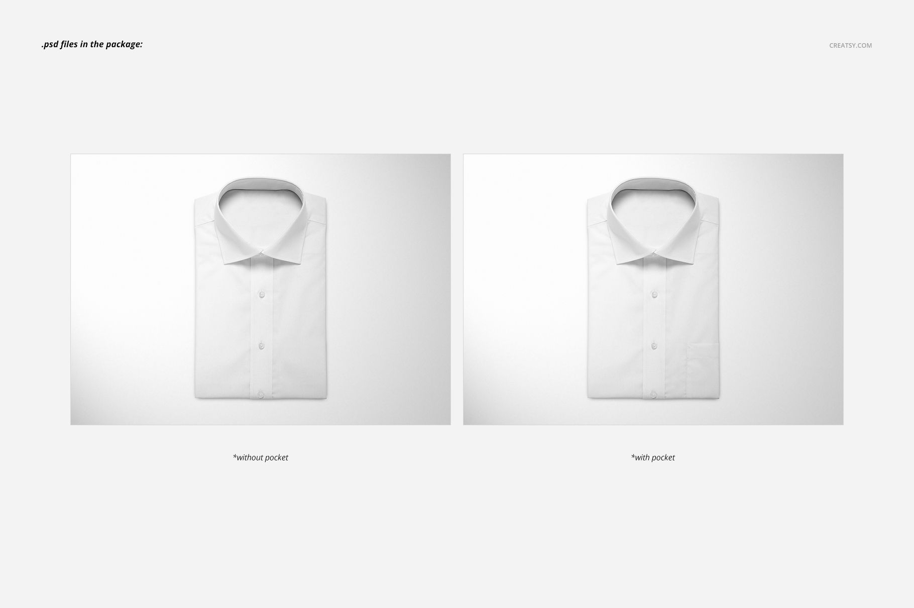 Folded white dress shirt mockup shown from a top view, displayed on a plain light background with two variations.