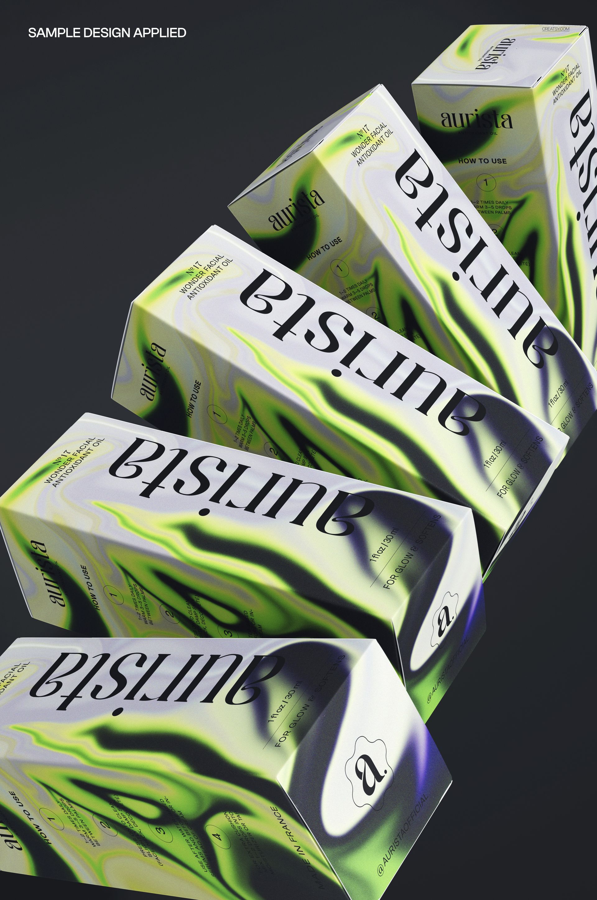 PSD mockup of multiple packaging boxes in a diagonal lineup, displaying bold abstract artwork in green, black, and white.