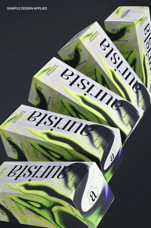 PSD mockup of multiple packaging boxes in a diagonal lineup, displaying bold abstract artwork in green, black, and white.
