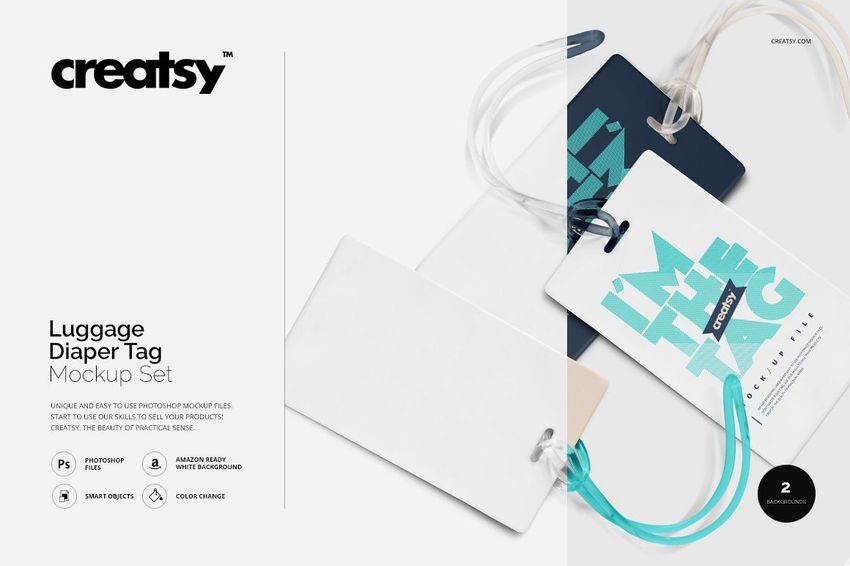 PSD mockup of luggage tags arranged diagonally, highlighting color variety and tag details on a clean background.