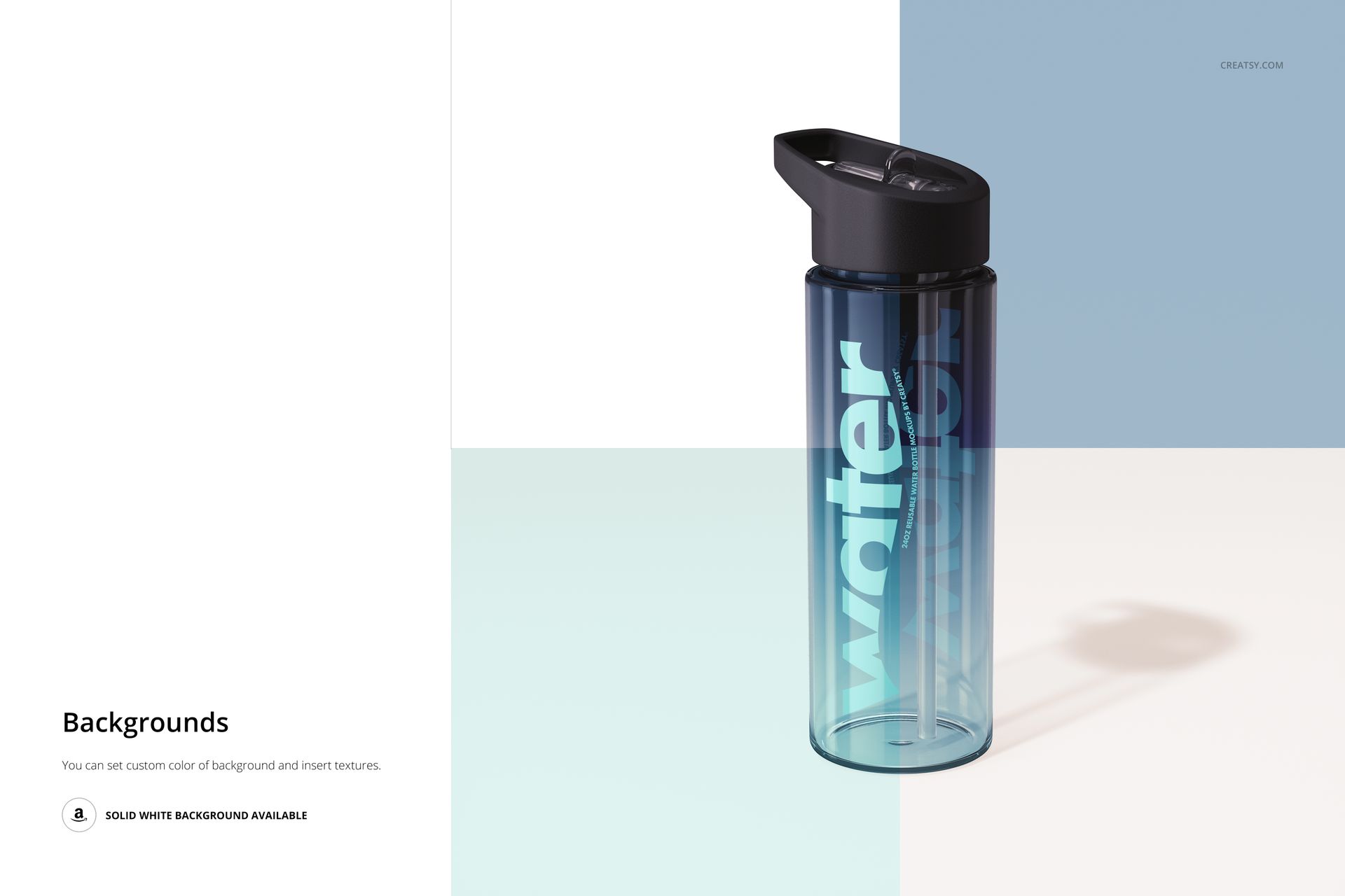 Front view of a reusable acrylic water bottle mockup with a dark cap, blue-tinted body, and bold lettering.